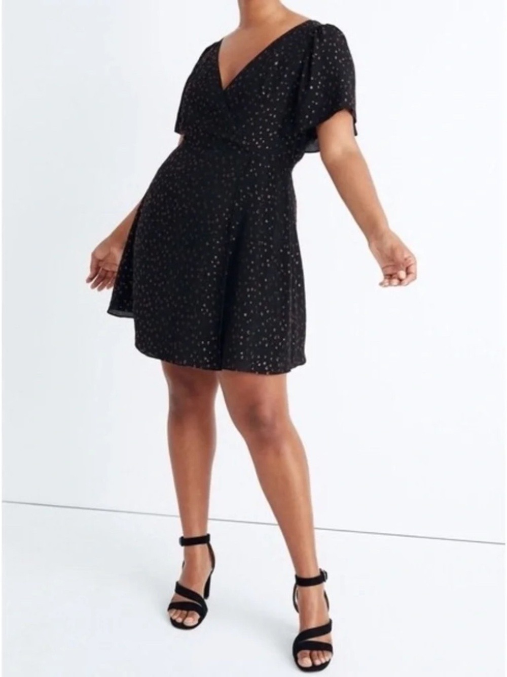 Madewell Cape Sleeve Mini Dress in Metallic Dots Black Size 2 New NWOT